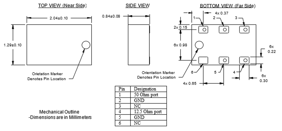 T0727J5012AHF超低剖面0805阻抗變壓器50?至12.5? T0727J5012AHF超低剖面0805阻抗變壓器50?至12.5?